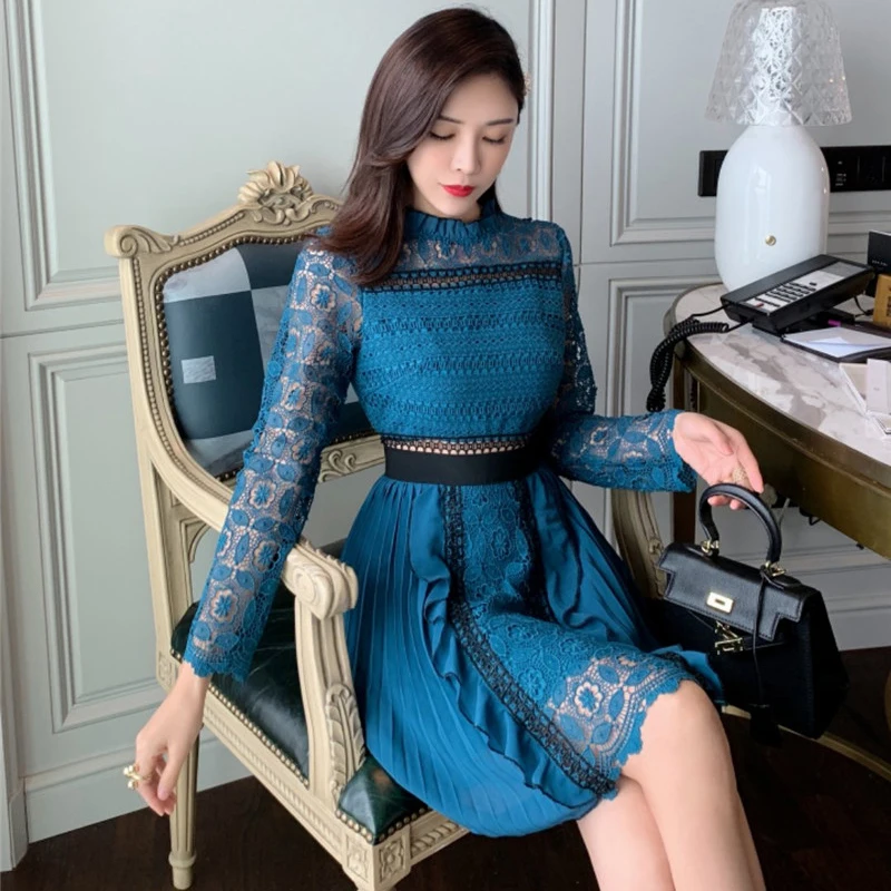 

VGH Patchwork Hollow Out Dress For Women Ruffles Long Sleeve High Waist Elegant Vintage Dresses Female 2020 Fashion New Clothing