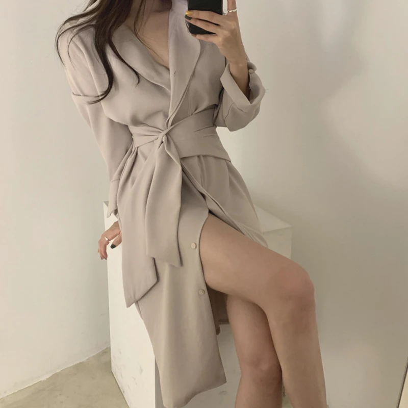 

OL Gentle Minimalist Autumn 2020 Work Wear Lapel Elegant Lace Up Solid Brief Sexy Chic Loose Dresses Female Vestidos