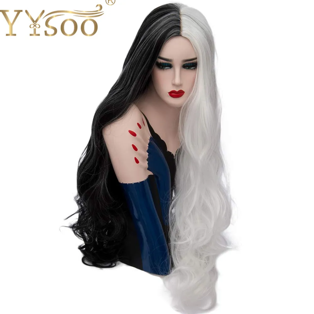 Yysoo Women Cosplay Long Wavy Wig Synthetic 2tone Half Black Half White Hair Heat Resistant Wave Costume Wigs For Women Part Use Buy At The Price Of 21 44 In Aliexpress Com