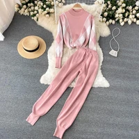 two piece women knitted tracksuits autumn winter vintage stand collar loose sweater high waist harem carrot pants casual suits