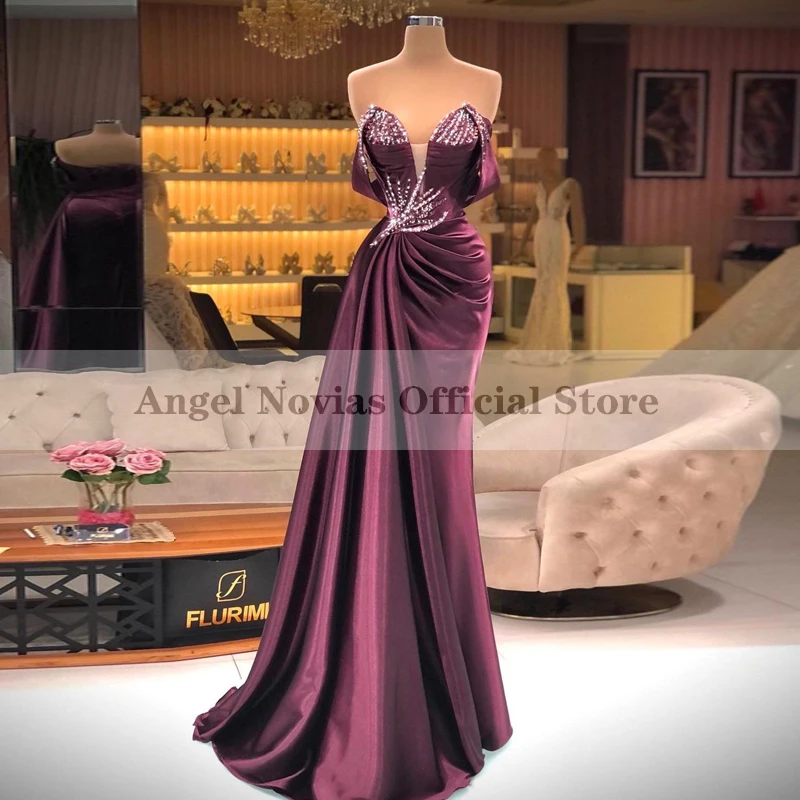 

Женское Атласное Вечернее платье ANGEL NOVIAS, фиолетовое длинное платье с открытыми плечами и юбкой годе, для выпускного вечера, 2022