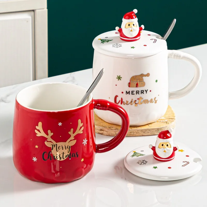 

Christmas Mugs with Lid and Spoon Ceramic Santa Claus Figurines New Lid Design Holiday Style Ceramic Office Home Milk Coffee Cup