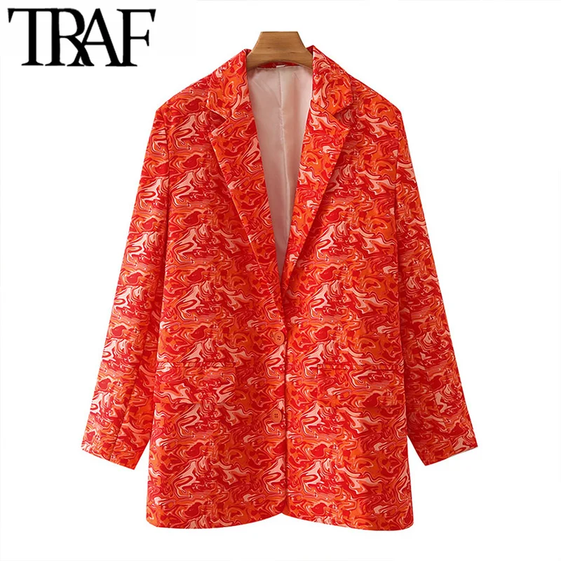

TRAF Women Fashion Single Breasted Totem Print Blazer Coat Vintage Long Sleeve Flap Pockets Female Outerwear Chic Veste