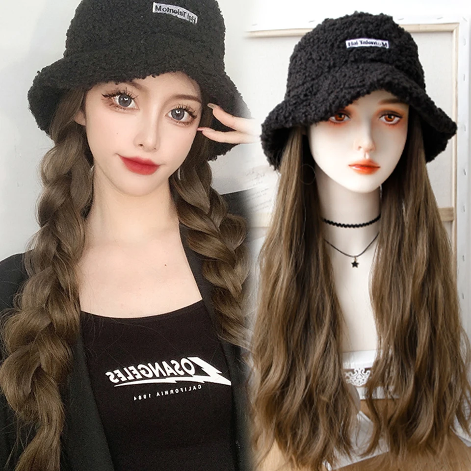 AS  Syntheti Curly hair Lamb wool fisherman hat Berets  Wig Natural Black Straight Wigs Naturally Connect Synthetic Hat Wig Adju