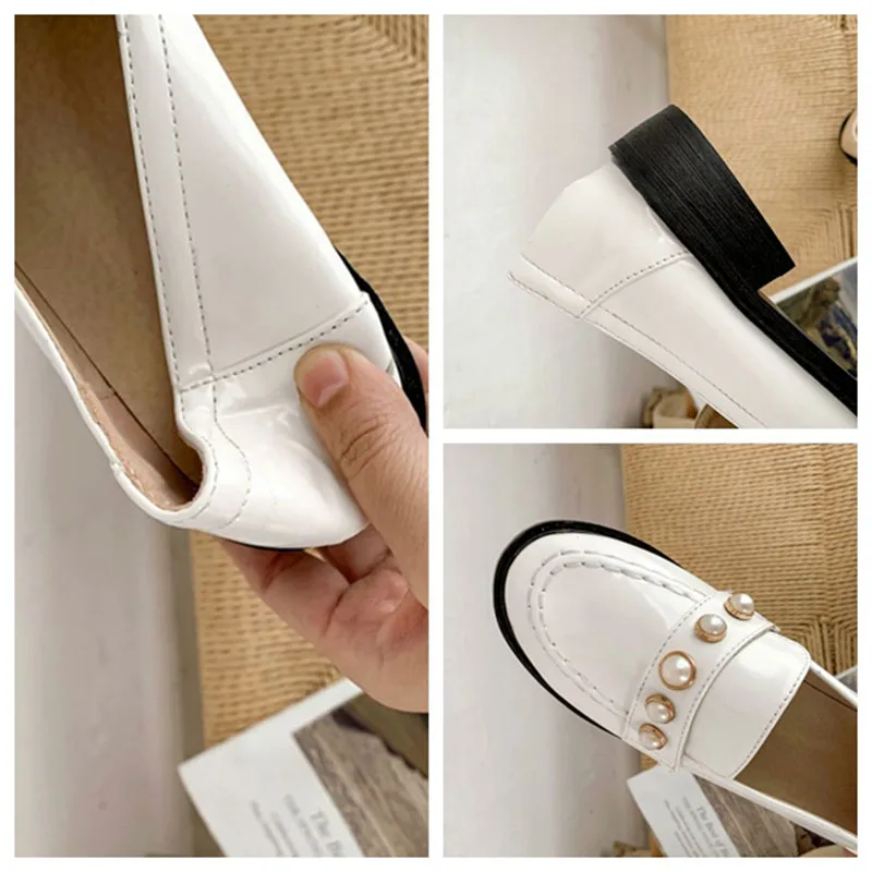 

Girseaby Female noble Spring Autumn Flats Round Toe 3cm Square Heels Slip on Patent Leather Pearl Plus size 32-48 Party F988
