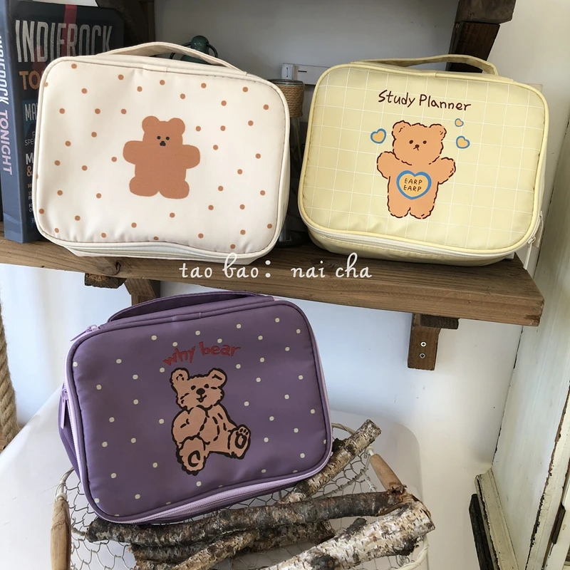 

W&G Early to bed early to rise Teddy Dog makeup bag for girls Cute Japanese portable and large capacity cleaning bag