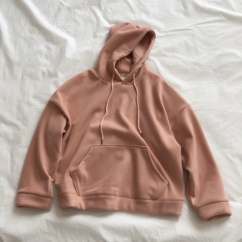 

Solid Fleece Warm Sweatshirts Women Hooded Thick Loose Front Pocket Autumn Hoodies 2020 Winter Clothes Fashion