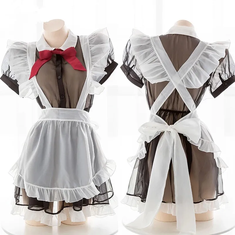 

New Kawaii Sexy Transparent Cosplay Costumes Anime Maid Sexy Lingerie for Women High quality Temptation Dress With Cute Bowknot
