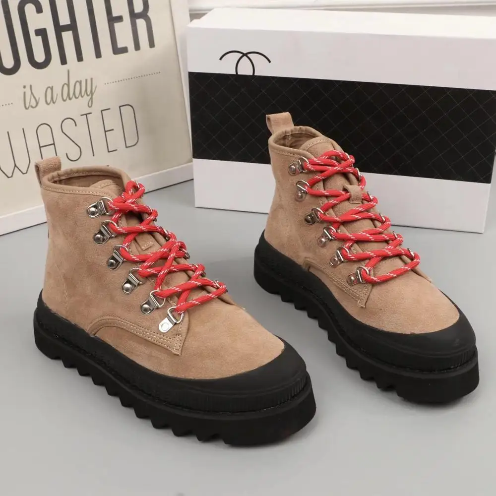 Обувь женские Замшевые полусапожки высокого качества ботинки на толстой подошве