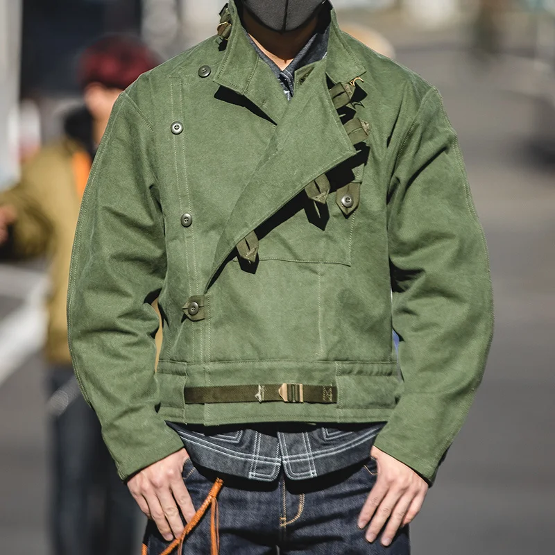

Green Retro Jacket Misplaced Oblique Buckle Swedish Motorcycle Men's Jacket Cotton Washed Water Jacket Men