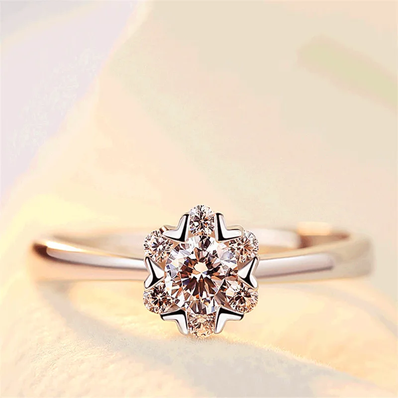 

Luxury Female White Crystal Open Ring Silver Color Thin Wedding Rings For Women Promise Snowflake Adjustable Engagement Ring