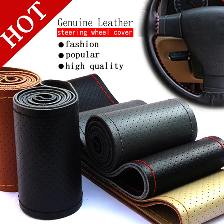 

All Size 36-40cm Car Styling Genuine Leather Auto Car Steering Wheel Cover Cap Anti-slip Car Decoration With Needles and Thread