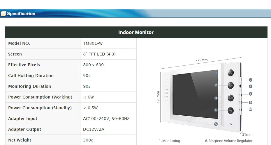 HOMSECUR 800x600 " внутренний монитор TM801-W для HDW проводной видео домофон системы