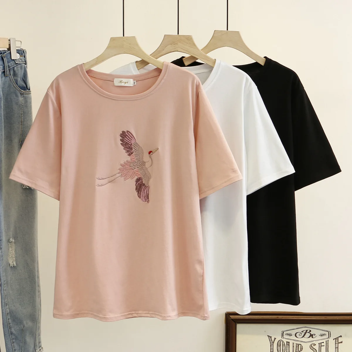 Женская летняя футболка с коротким рукавом женская вышивкой журавль блестками