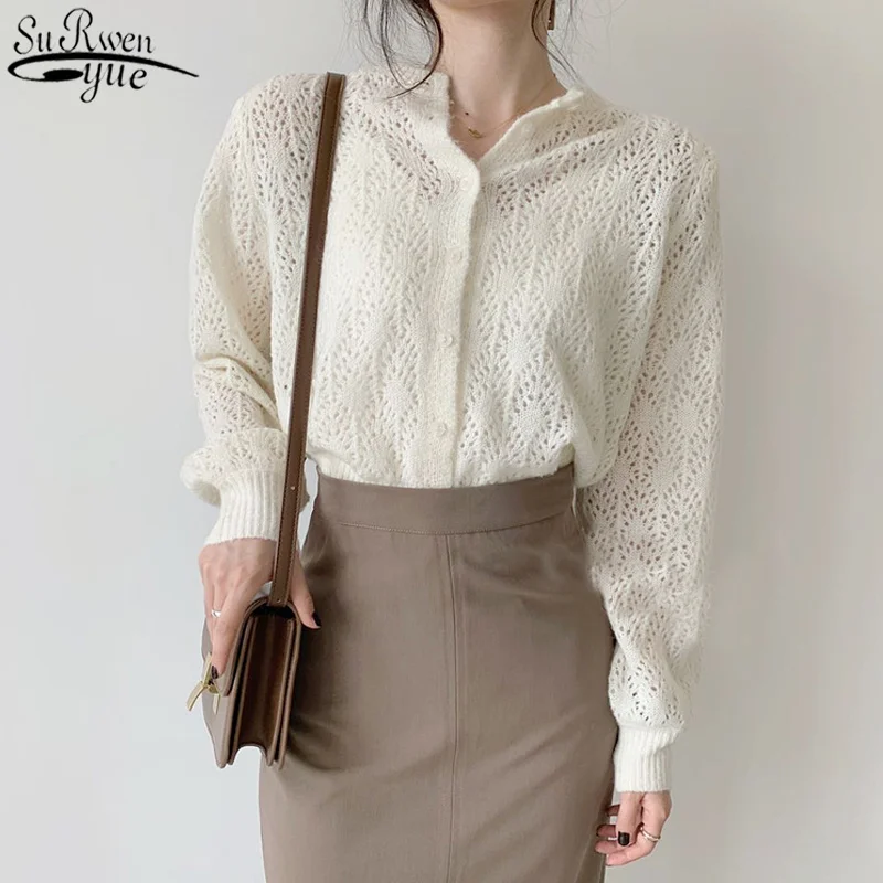 

2021 Solid Elegant Tops Cardigan Knitted Hollow Out Blouses Women White Lantern Long Sleeve Shirts Women Blusa Feminina 9824