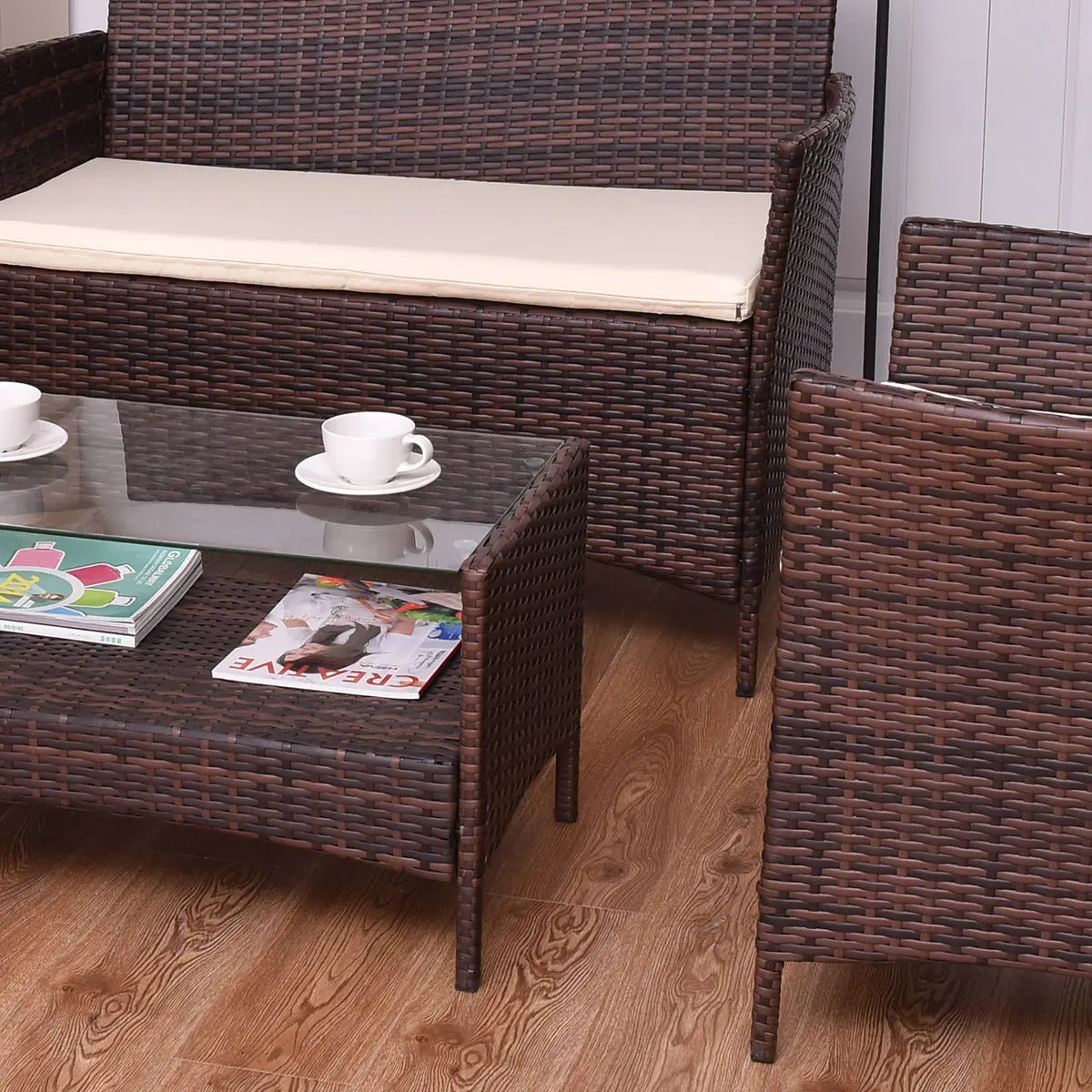 

4PCS Outdoor Patio PE Rattan Wicker Table Shelf Sofa Furniture Set With Cushion HW63214