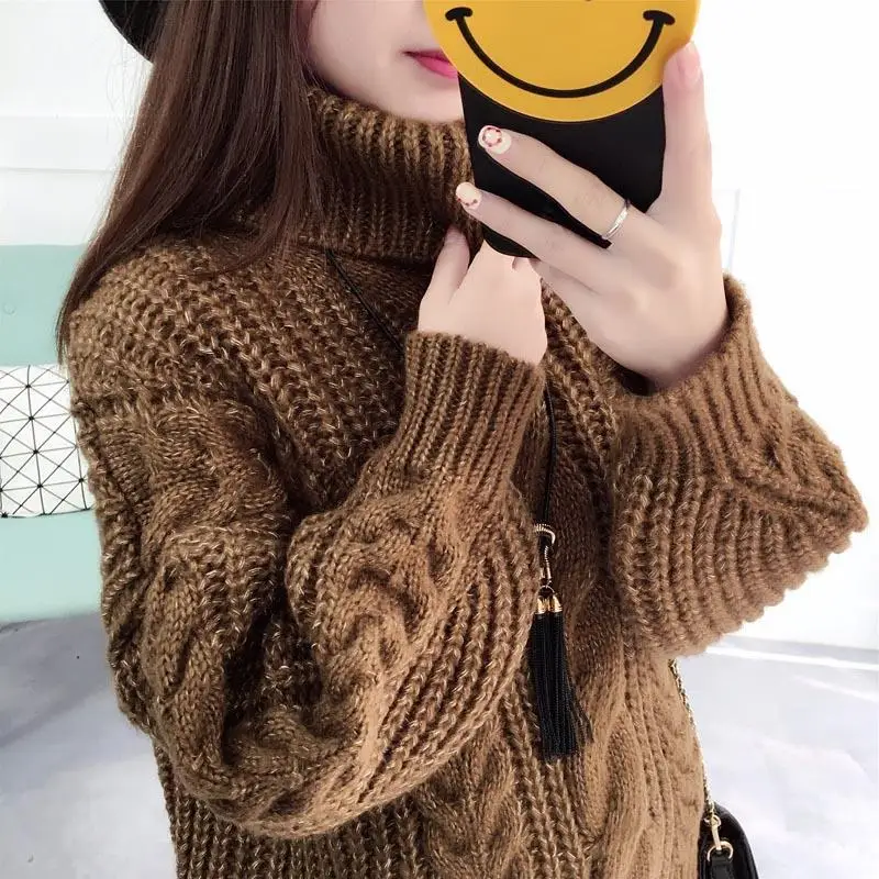 Knitwear Winter Pullovers Sweaters Women Autumn Turtle Neck Loose Sweater Jumper Female Solid Khaki Chic Tops | Женская одежда