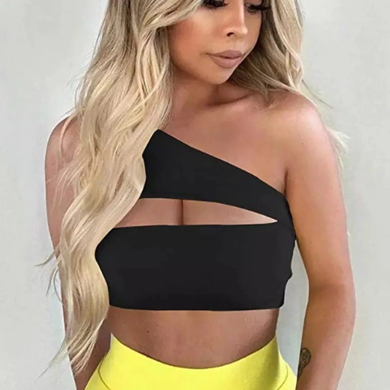 

Women One Shoulder Sleeveless T-shirt Hollow Out Solid Color Sport Bra Ladies Bralet Vest Tank Crop Top