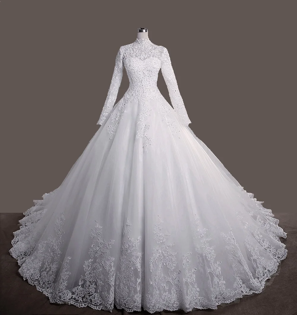

Vestidos De Mariage 2021 New Elegant Princess Bride Gowns Vintage Muslim Wedding Dresses High Neck Lace Beading Cheap LCNM88