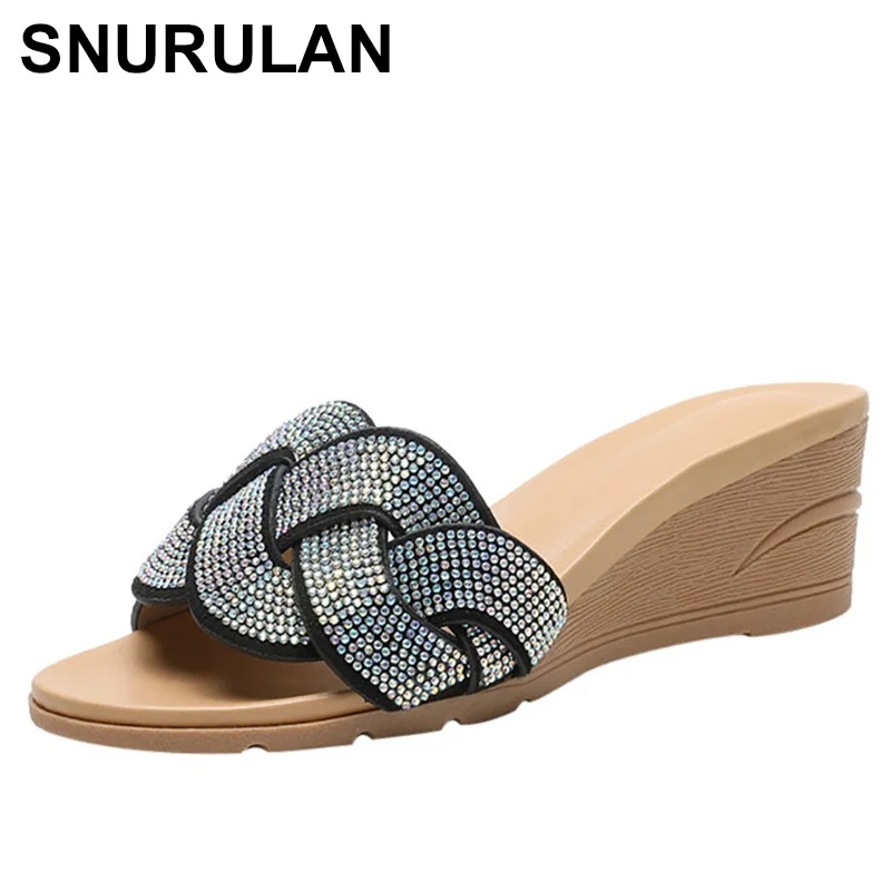 

SNURULANShoes woman slippers Crystal Wedge word slides Summer Flip Flops Solid Casual Slip-On Sandals Beach Shoes zapatos de muj