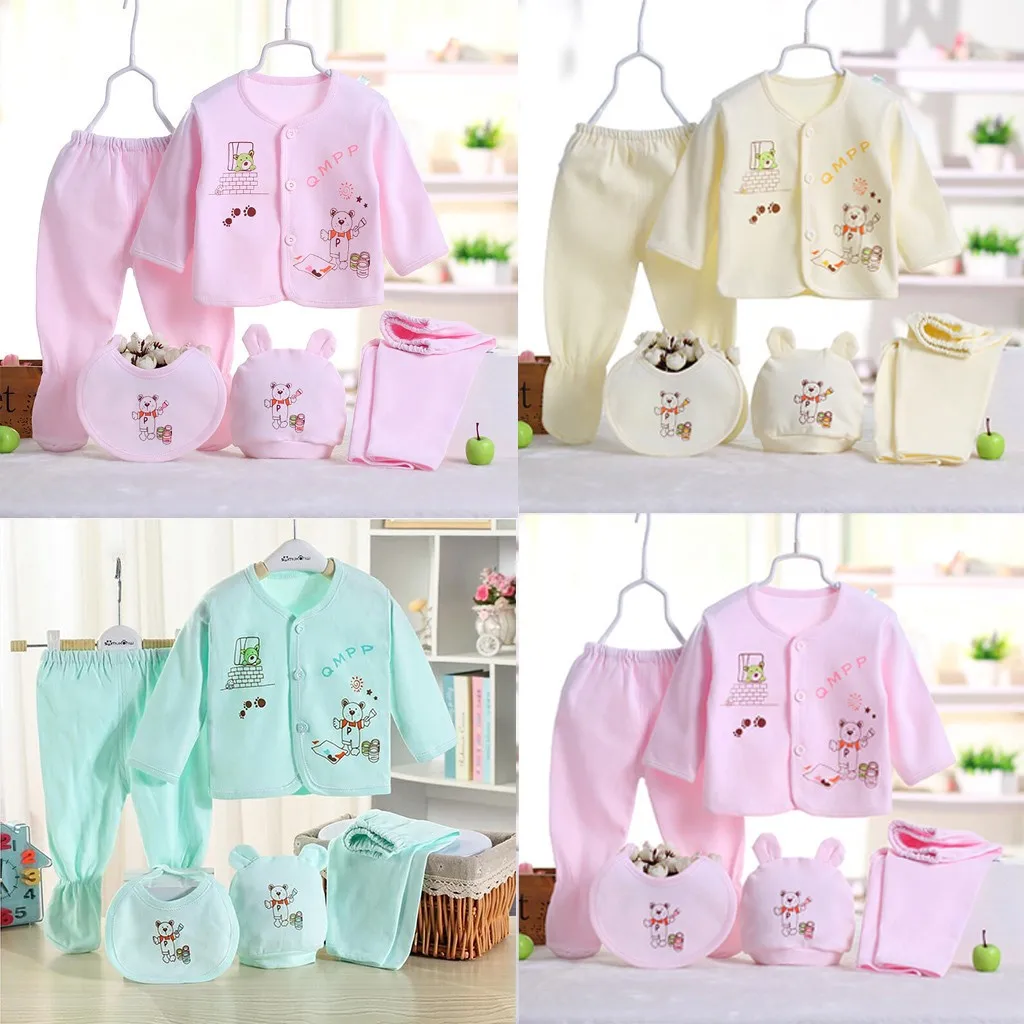 

Newborn Baby Clothes Set 5PCS Newborn Baby Boy Girl Cartoon Long Sleeve Tops+Hat+Pants +Bib Outfits Clothing комплекты одежды #0