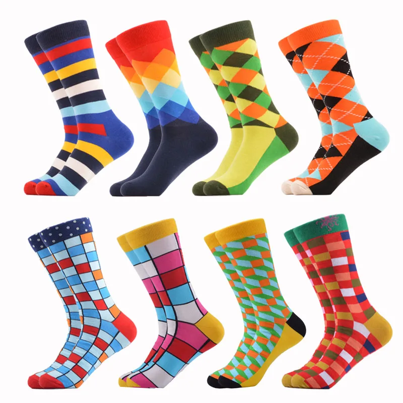 06645 (8pairs) SANZETTI, цветные мужские забавные носки без пятки из чесаного хлопка, платье с геометрическим рисунком, новинка, уличные носки для катания на коньках, носки для свадьбы, счастливый подарок - Цвет: 06645 (8pairs)