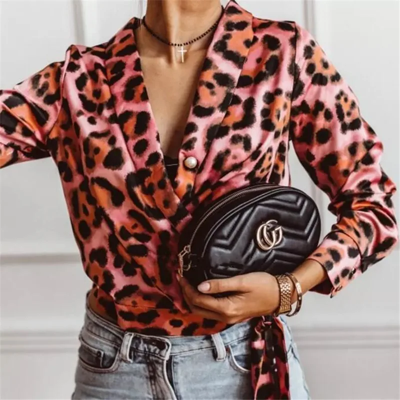 

Vintage Blouse Long Sleeve Sexy Leopard Print Blouse Sexy V-neck Lace-up Lady Office Shirt Tunic Casual Loose Plus Size Blusas