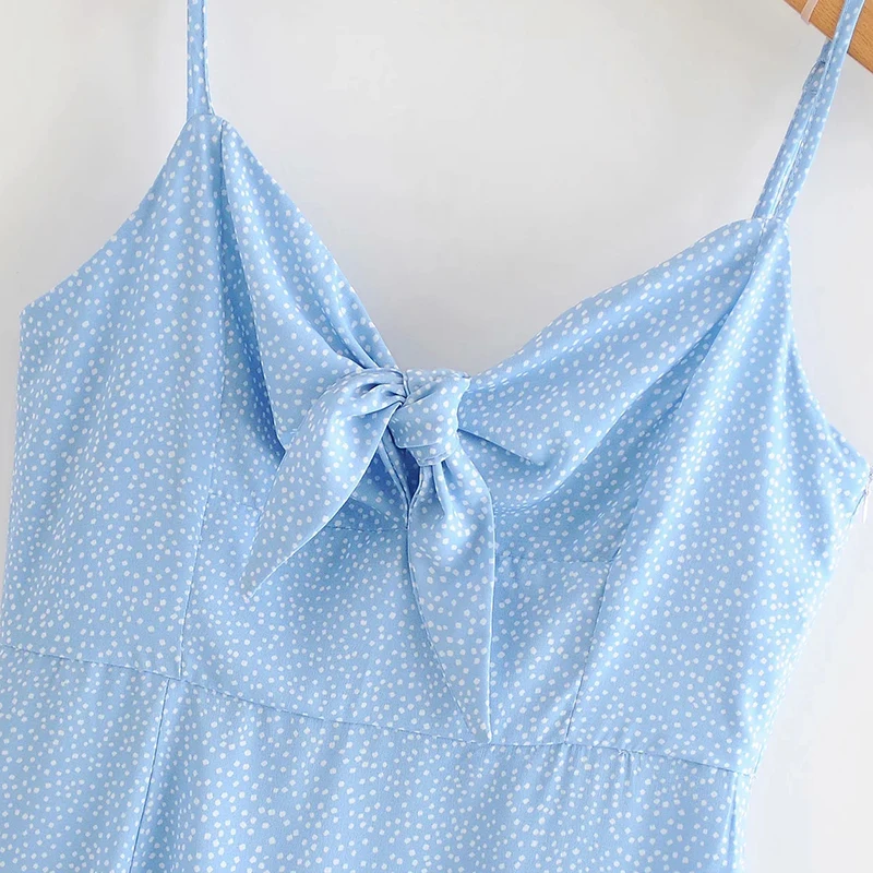 Za – robe à pois pour femmes, imprimé Midi, fendue, sans manches, bleu, Camisole, Sexy, nœud, taille haute, plage