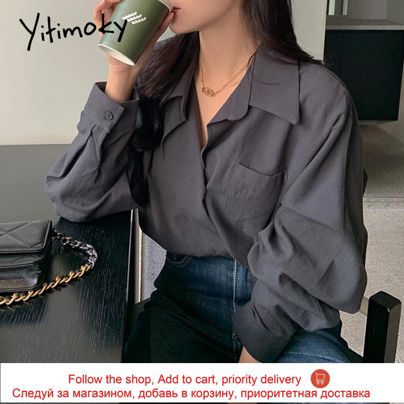 

Yitimoky Vintage Long Sleeve Shirt Women Irrgular Button Up Blouses Pockets Turn-down Collar Loose Casual Fashion New Cashmere