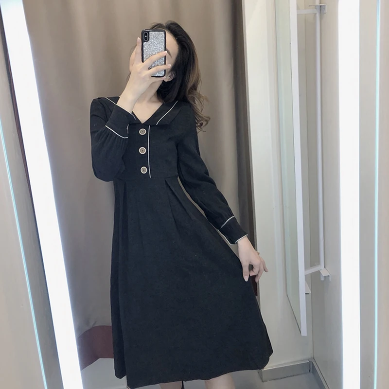 Fall Winter Basic Dresses Women Fasion French Little Black Dress Cute Sweet Girls Long Sleeve Button 9108 | Женская одежда