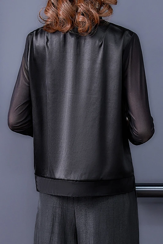 

COIGARSAM Shirt Womens Tops Summer 2021 New Casual Three Quarter Sleeve Silk Stand Neck Straight Black Women Shirts