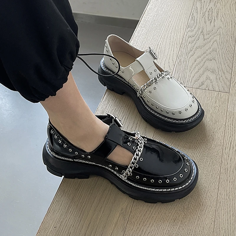 2021 Spring Platform Shoes Woman Metal Rivets Genuine Leather Chunky Heels Pumps for Women Working Women Shoes Platform Shoes