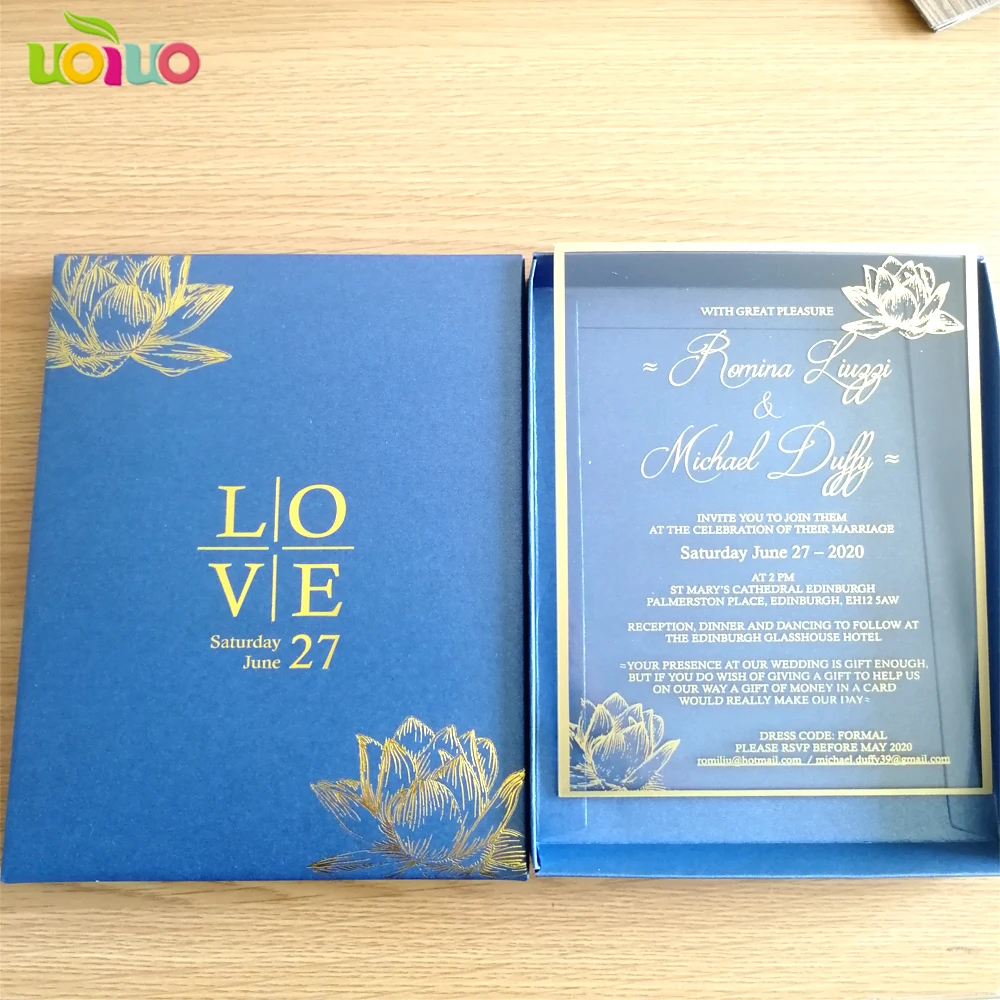 30pcs Lotus design gold/silver printing clear acrylic card,wedding invitation card with boxes(logo on the box need extra cost)