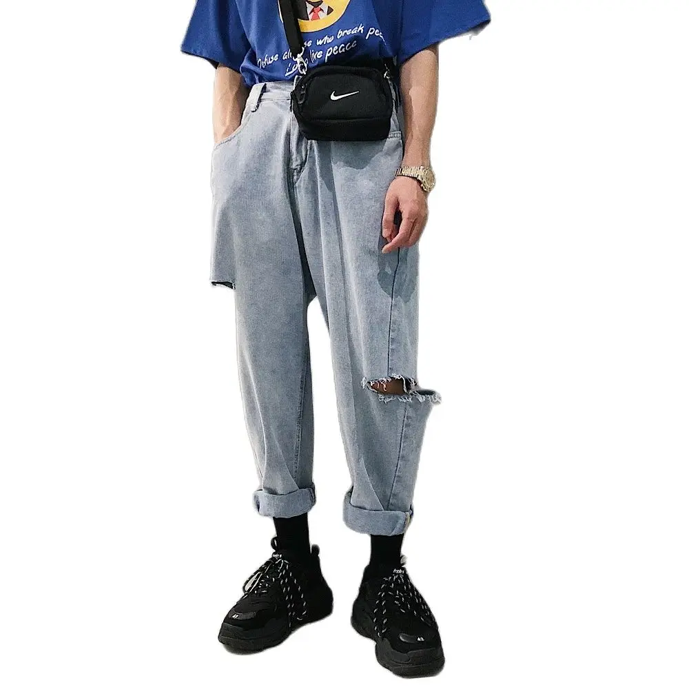 

Wholesale 2021 Fashion vintage ripped hole men's loose brand cargo baggy trousers Korean teenagers blue denim harem pants