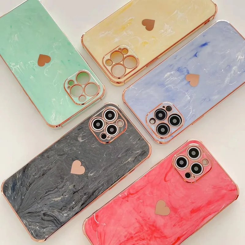 

Electroplated marble love phone case For iPhone 12 Mini 13 Pro 11 Pro Max SE 2 X XR XS Max 8 7 6 Plus Silicone soft Cover