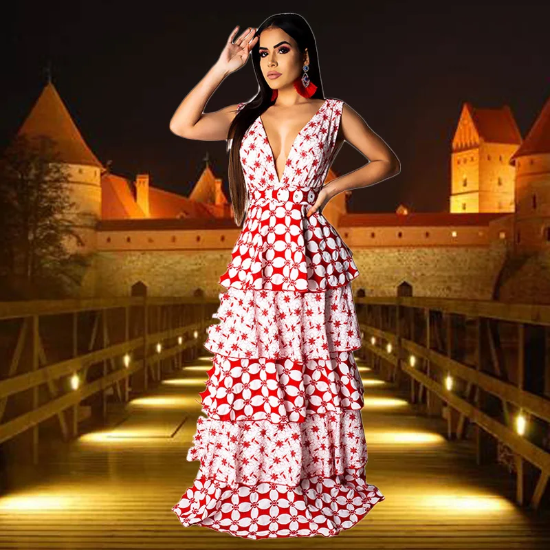

Popular European and American Women's Dress Ins Ultra-Fire Printed Cake Dress Sleeveless V-neck Beach Skirt