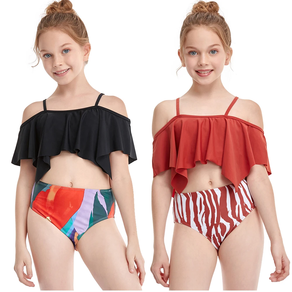 

2-Pcs 2021 New Summer Girl Swimsuit Kids Swimming Suit Bikini Halter Girls Bathing Suit Ruffle Children's Swimwear Swim Trunks