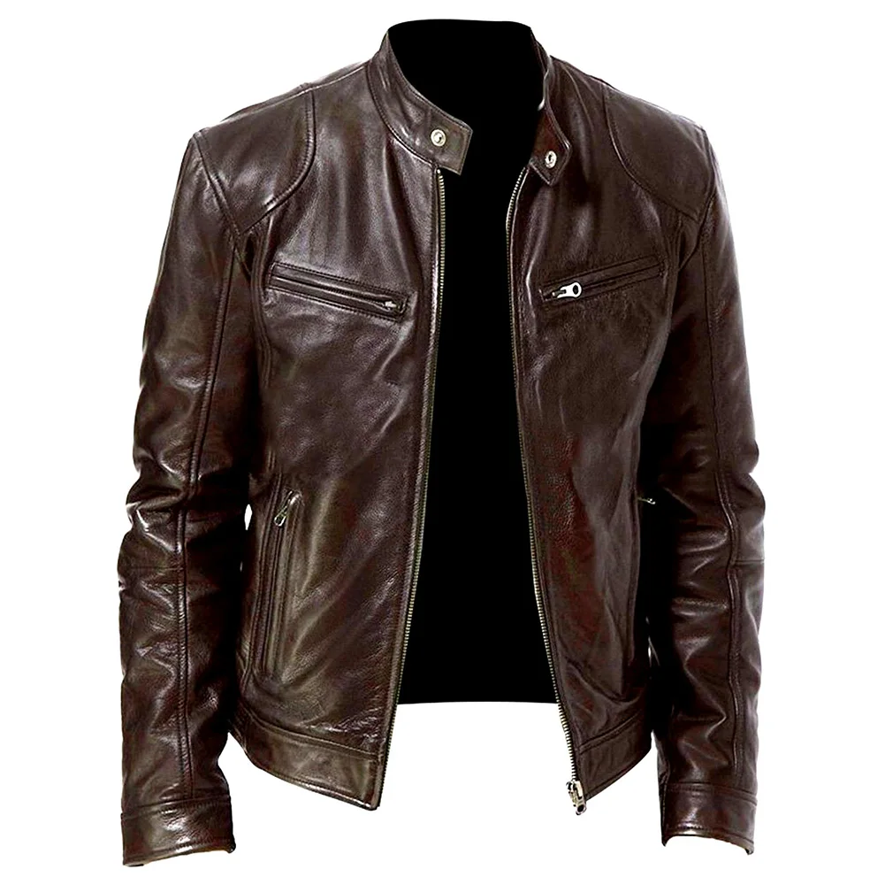 

Chic Men Autumn Long Sleeve Stand Collar Faux Leather Zipper Motorcycle Jacket