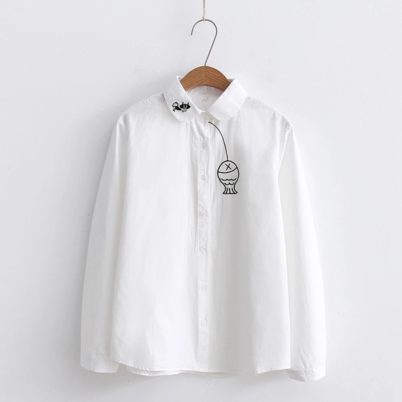 

Fekeha gato peixe bordado algodão listra camisa 2019 nova outono branco blusa feminina manga longa casual tops blusas femininas