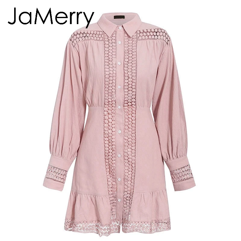 Розовый JaMerry, винтажное мини Белое Кружевное Хлопковое платье с рюшами, Элегантное открытое короткое платье с рукавом-фонариком, Осенние шикарные платья - Цвет: Розовый