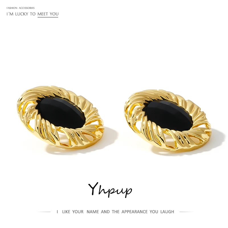 Yhpup Black Rhinestone Crystal Stud Earrings Zinc Alloy Vintage Gold Brincos for Female Office Jewelry Gift S925 Post | Украшения и