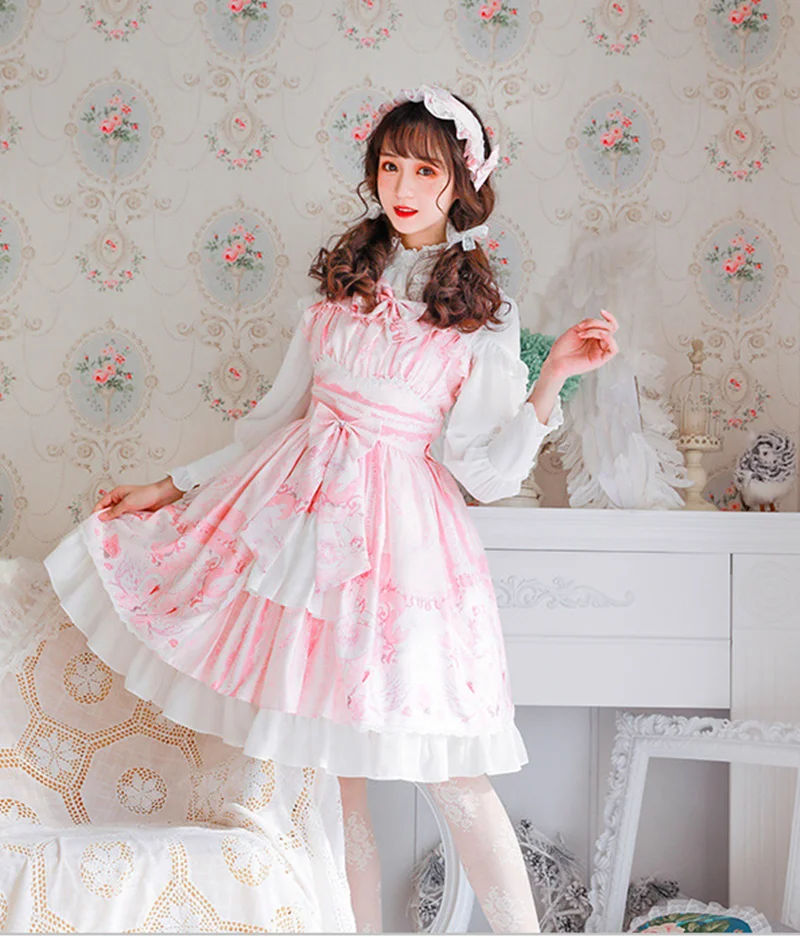 

Sweet lolita dress vintage falbala bowknot cute printing high waist princess victorian dress kawaii girl gothic lolita jsk loli