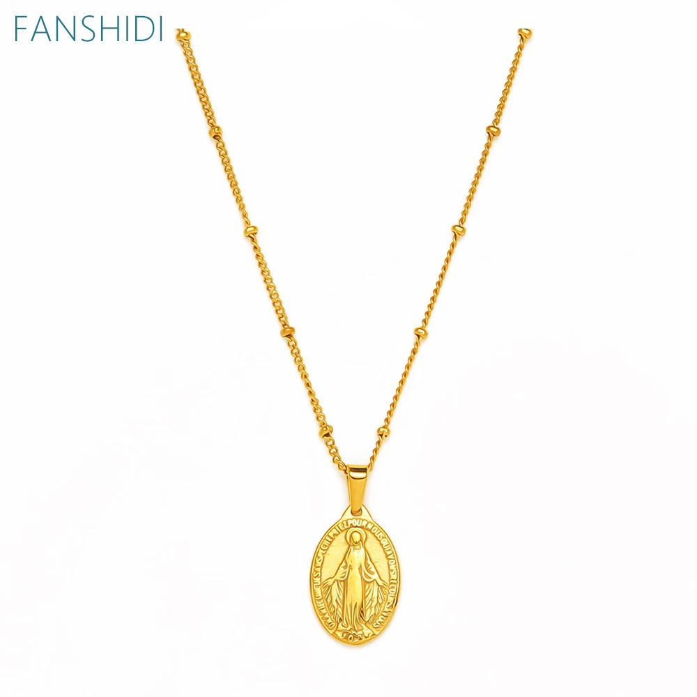 

FANSHIDI Oval Virgin Mary Coin Gold Necklace Clavicle Chain For Women Stainless Steel Medal Pendant Necklaces Vintage Jewelry