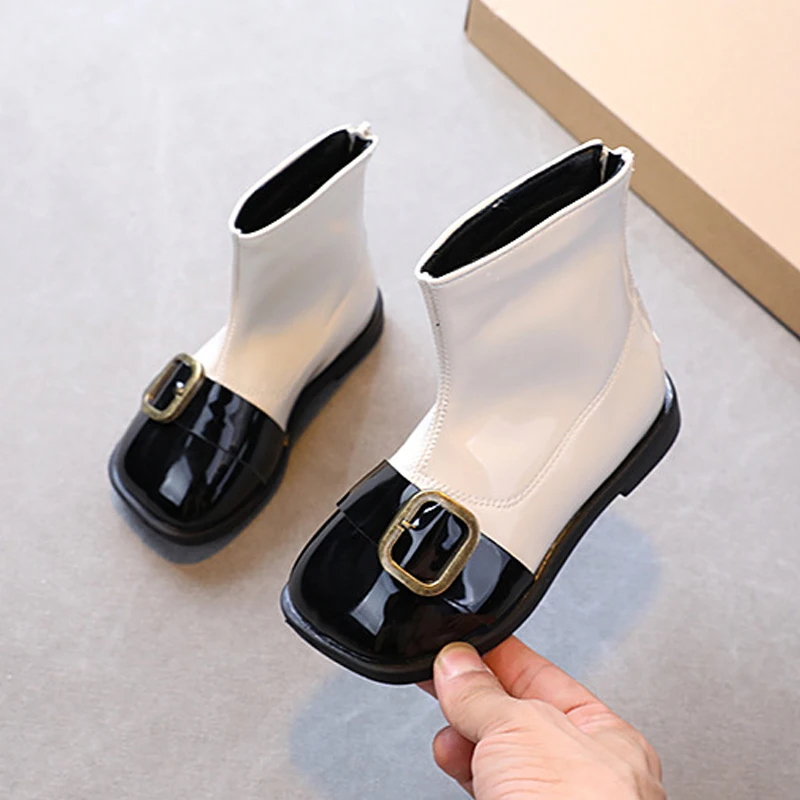 

Children Martin boots princess fashion back zipper flat bottom short boots little girls belt buckle boots baby cute metal shoes