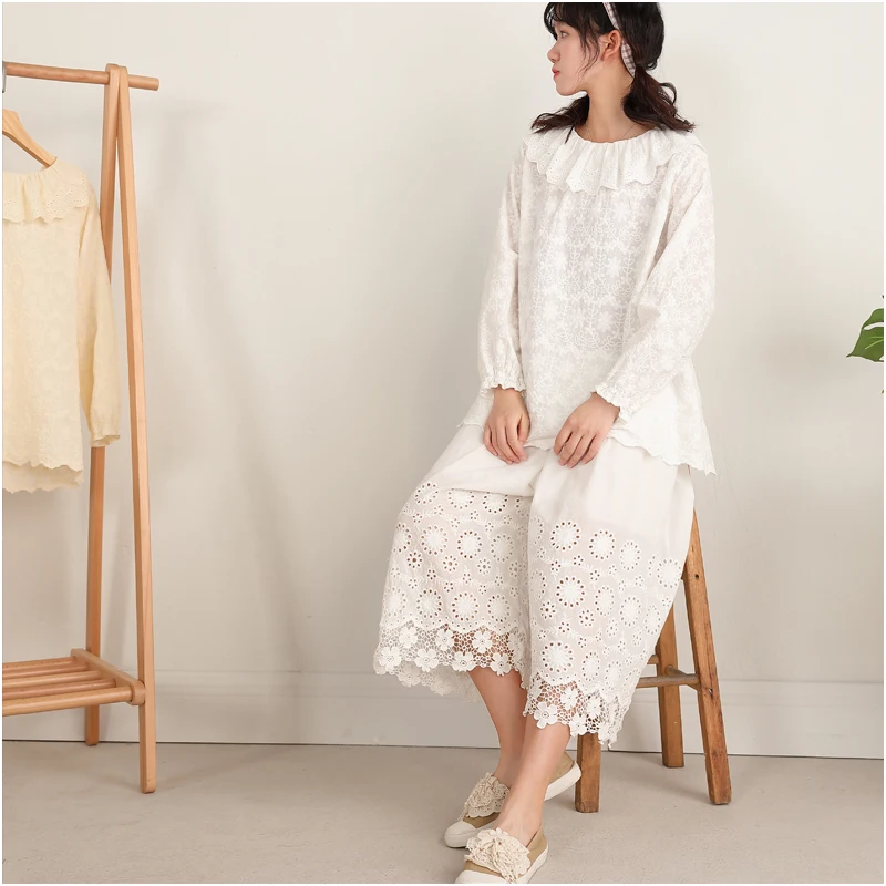 

Back Buttons Up Kawaii Embroidery Long Sleeve Cotton Lolita Shirt Blouse Japanese Style Blouse Mori Girl