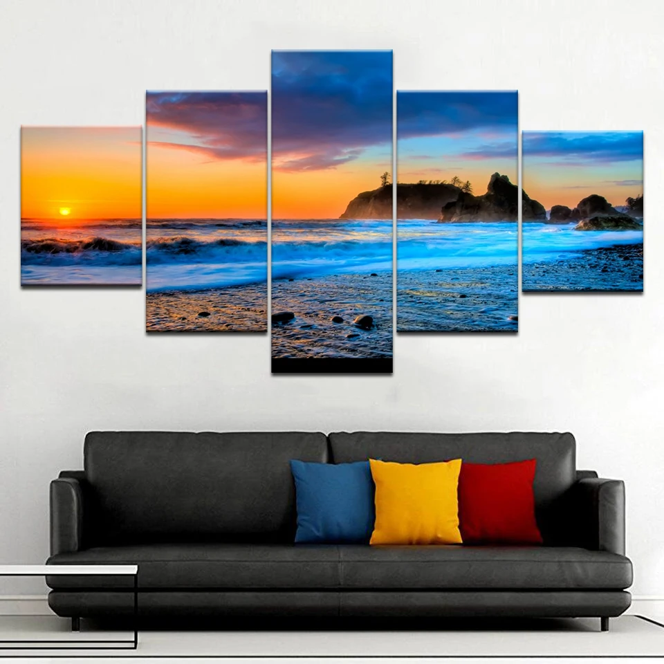 

large Ruby Beach sunset seascape 5 Panel diamond painting needlework diamond mosaic rhinestones picture decor home set