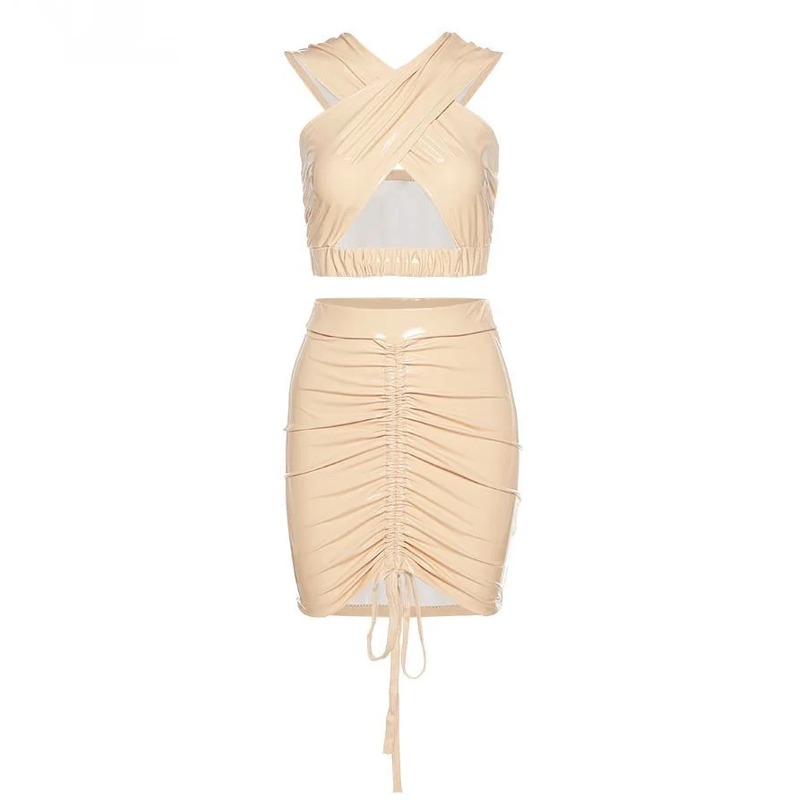 

Solid Criss Cross Sexy Stretchy Two Piece Set Women Party Clubwear Crop Top+Drawstring Stacked Bodycon Skirts Outfits Hot