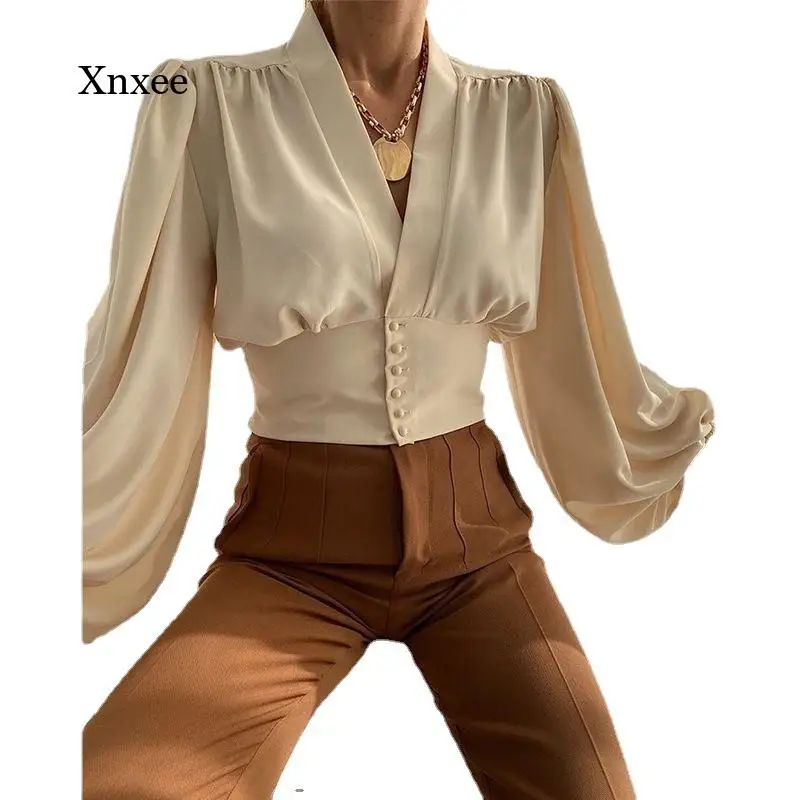 Женская блузка на пуговицах с V-образным вырезом и длинным рукавом | одежда