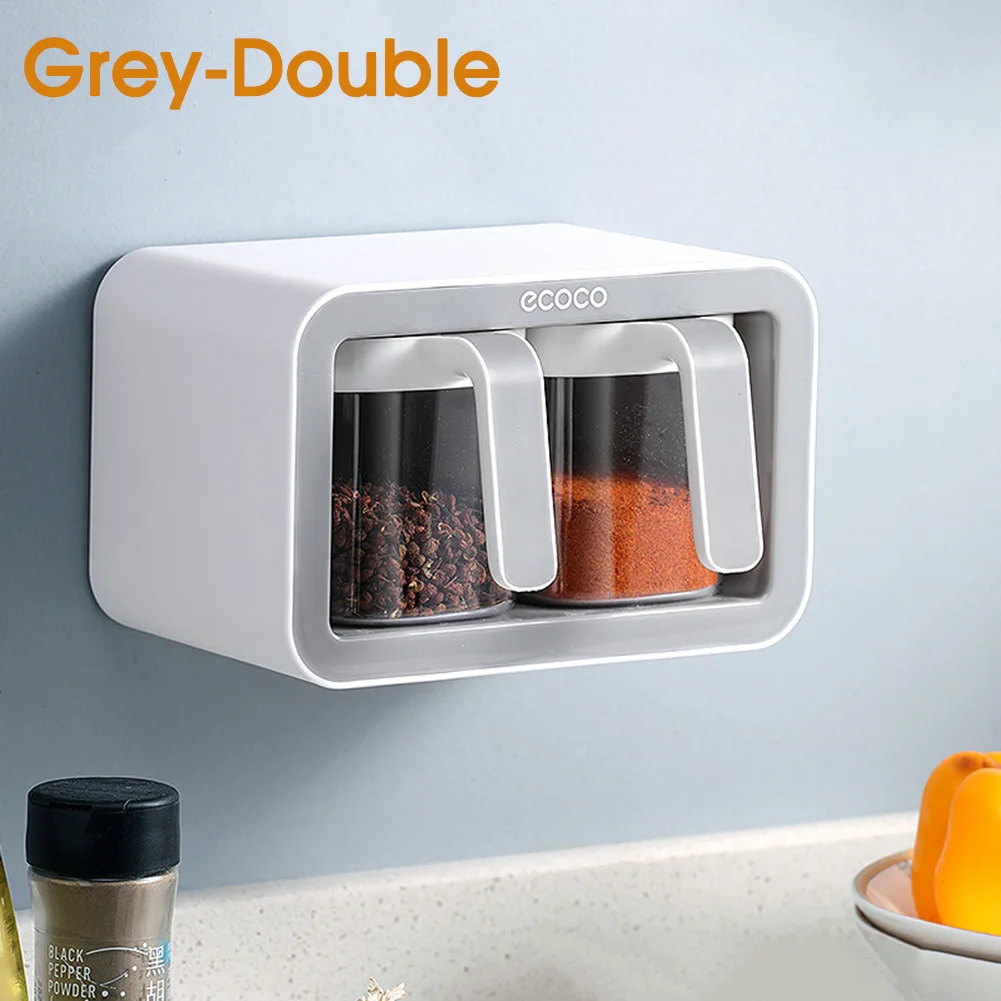 

New Clear Seasoning Box Wall Mounted Spice Rack Condiment Storage Container Storage Set with Spoons for Salt Sugar Pepper Spice