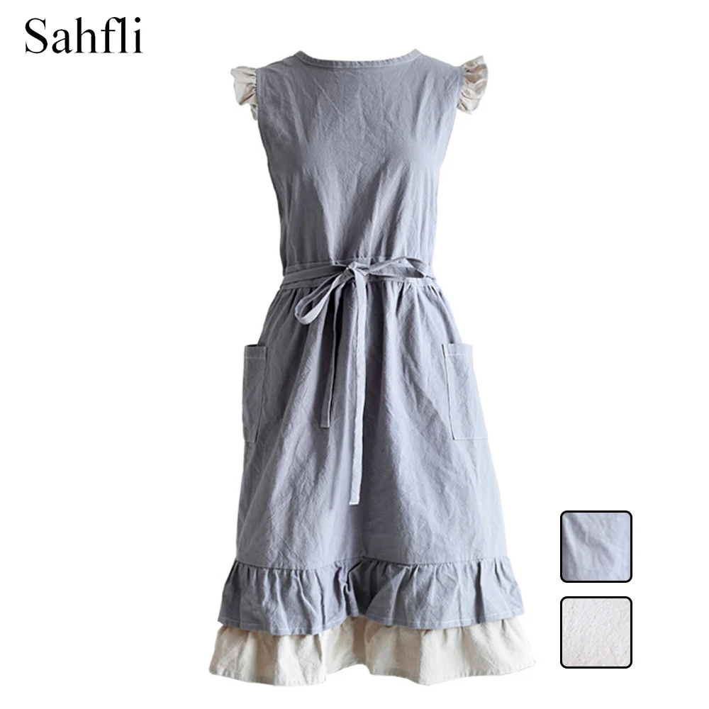 

Retro Simple Two Mixed Color Ruffled Pastoral Style Thickened and Increased Cotton Women's Sleeveless Apron Gardening Overalls